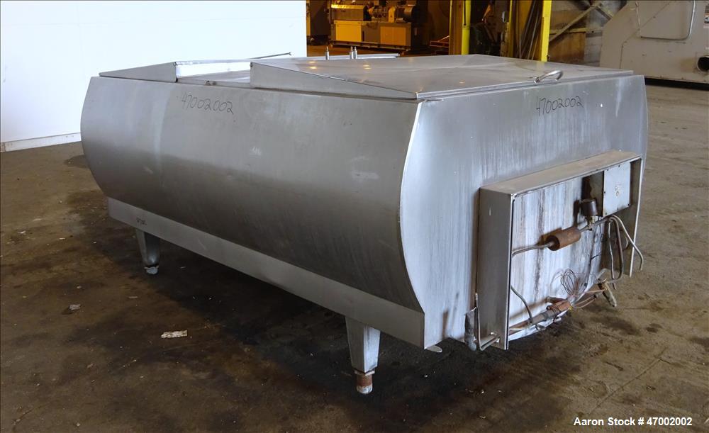 Used C.E. Howard Milk Tank, Model H-58, 800 Gallons, 304 Stainless Steel, Horizontal. U-shaped trough approximate 92-1/2" long x 60" wide x 38" deep. Bottom cooling coils (no cooler). (2) Top hinged ...