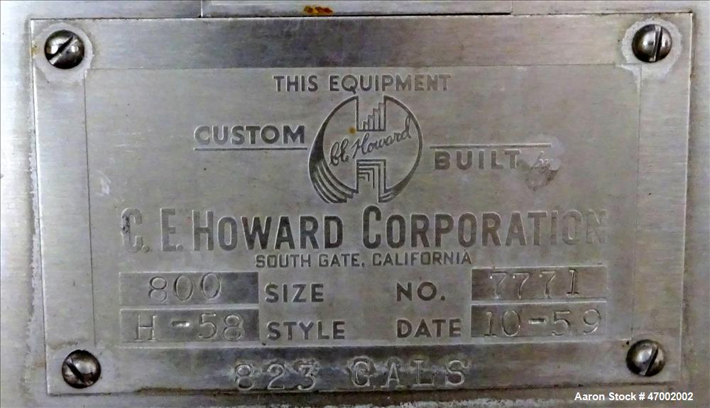 Used C.E. Howard Milk Tank, Model H-58, 800 Gallons, 304 Stainless Steel, Horizontal. U-shaped trough approximate 92-1/2" long x 60" wide x 38" deep. Bottom cooling coils (no cooler). (2) Top hinged ...