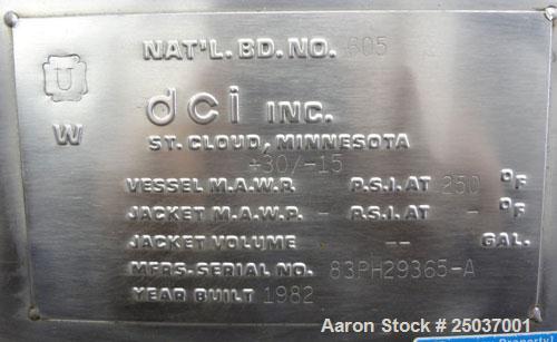 Used DCI WFI Storage Pressure Tank, 500 Gallon, 316L Stainless Steel, Vertical. 53-3/4” Diameter x 44” straight side, dished top and bottom. Internal rated +30/-15 psi at 250 degrees F. Openings top ...