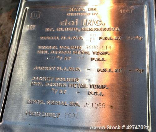 Unused- DCI Pressure Tank, 3000 Liter (792 Gallon), 316L Stainless Steel, Vertical. 60’’ Diameter x 58’’ straight side, dished top and bottom. Internal rated 50/-15 psi at 350 degrees F. Tank insulat...