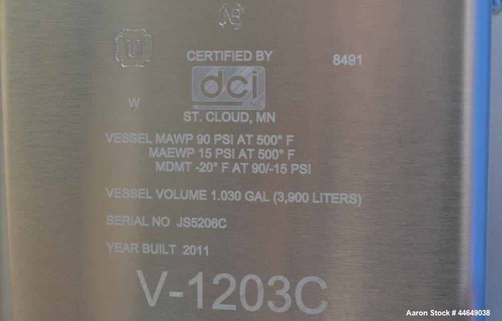 Unused- DCI Pressure Tank 686 Gallon (2600 Liter), 316L Stainless Steel, Vertical. Approximate 48"ameter x 78" straight side, dished top and bottom. Internal rated 90 psi at -20 to 500 degrees F. (1)...