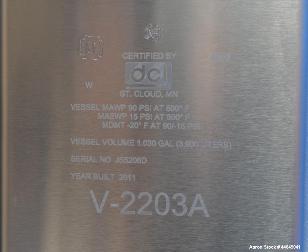 Unused- DCI Pressure Tank, 686 Gallon (2600 Liter), 316L Stainless Steel, Vertical. Approximate 48" diameter x 78" straight side, dished top and bottom. Internal rated 90 psi at -20 to 500 degrees F....