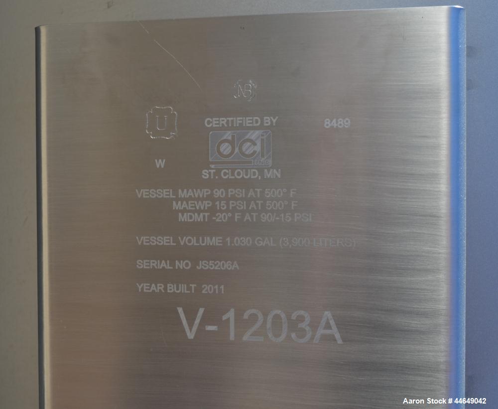 Unused- DCI Pressure Tank, 686 Gallon (2600 Liter), 316L Stainless Steel, Vertical. Approximate 48" diameter x 78" straight side, dished top and bottom. Internal rated 90 psi at -20 to 500 degrees F....
