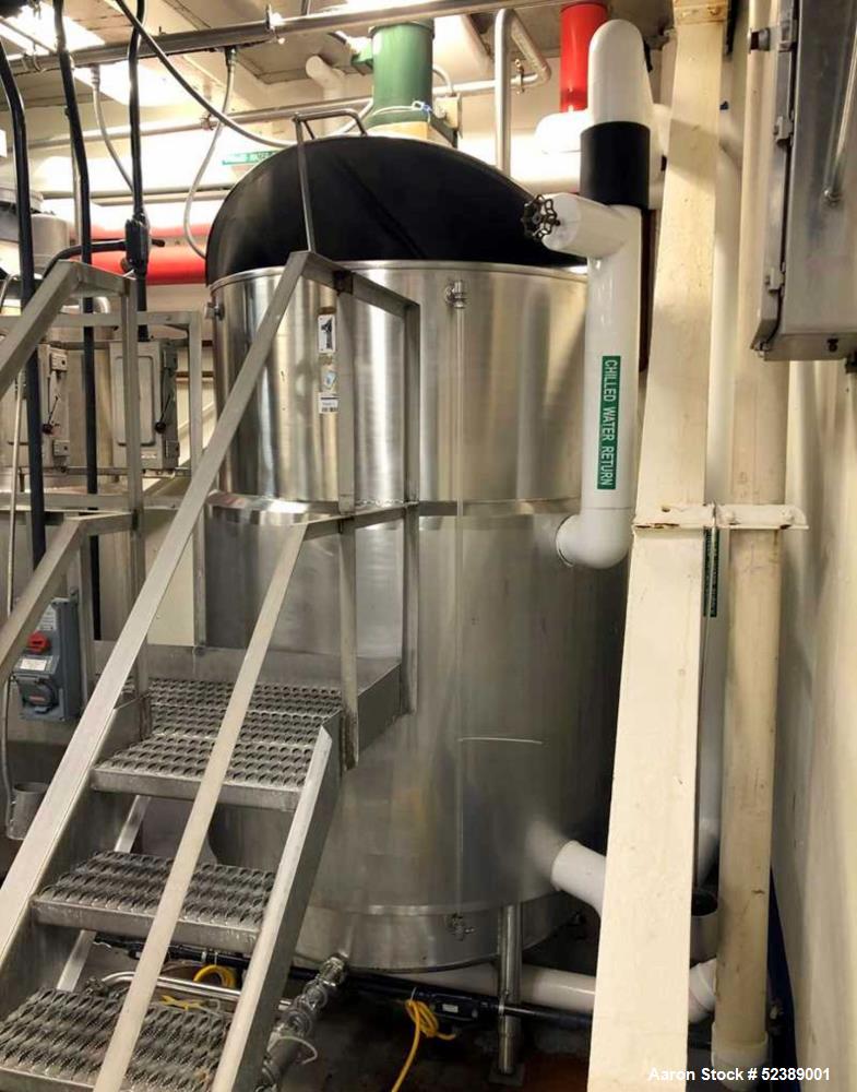 Used DCI Jacketed Mix Tank, Approximate 750 Gallon, 316 Stainless Steel, Vertical. Approximate 53.75" diameter x 81" deep. Flat top with 1/2 hinged cover, sloped bottom. 304 Stainless steel dimple ja...