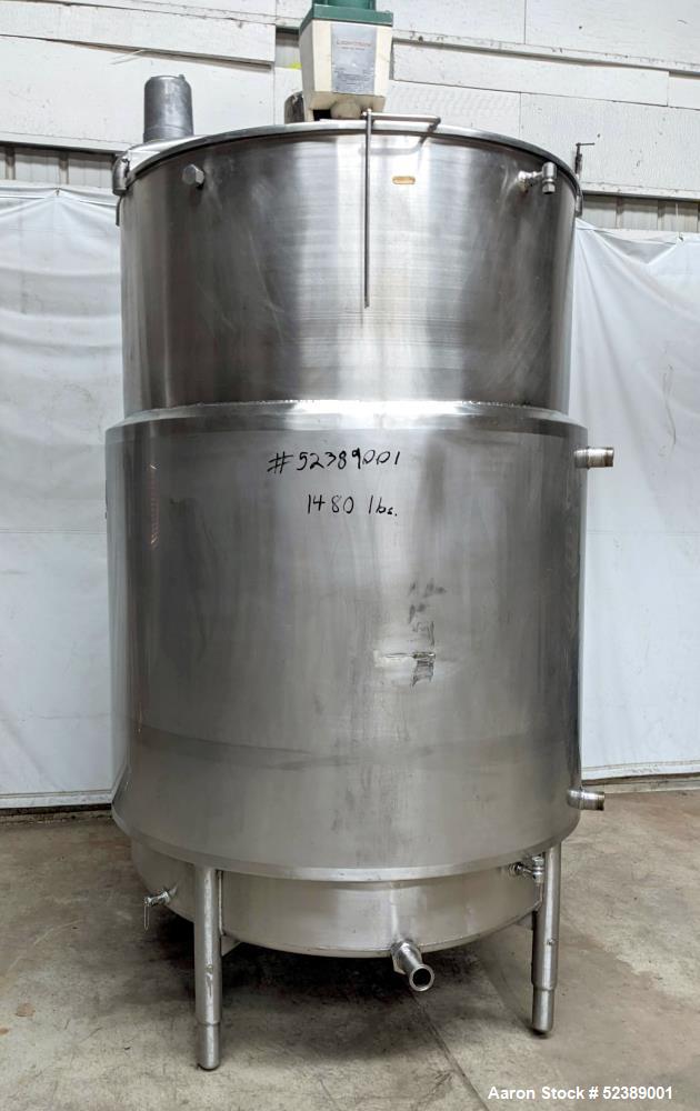Used DCI Jacketed Mix Tank, Approximate 750 Gallon, 316 Stainless Steel, Vertical. Approximate 53.75" diameter x 81" deep. Flat top with 1/2 hinged cover, sloped bottom. 304 Stainless steel dimple ja...