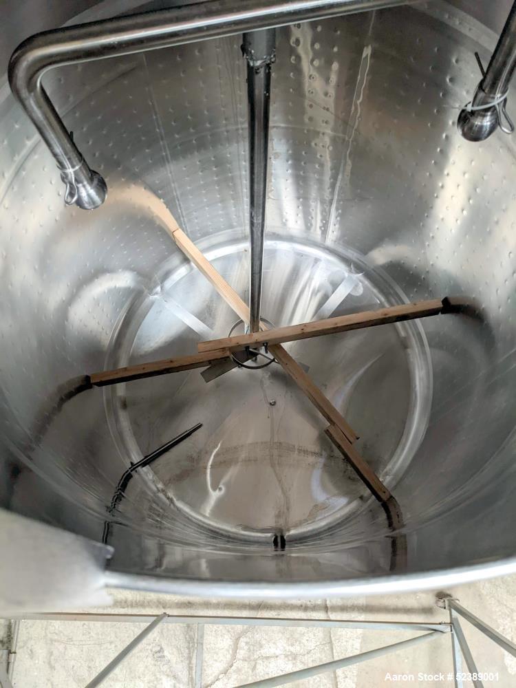 Used DCI Jacketed Mix Tank, Approximate 750 Gallon, 316 Stainless Steel, Vertical. Approximate 53.75" diameter x 81" deep. Flat top with 1/2 hinged cover, sloped bottom. 304 Stainless steel dimple ja...