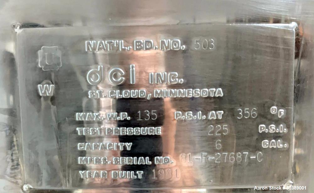 Used DCI Jacketed Mix Tank, Approximate 750 Gallon, 316 Stainless Steel, Vertical. Approximate 53.75" diameter x 81" deep. Flat top with 1/2 hinged cover, sloped bottom. 304 Stainless steel dimple ja...