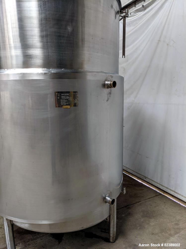 Used DCI Jacketed Mix Tank, Approximate 750 Gallon, 316 Stainless Steel, Vertical. Approximate 53.75" diameter x 81" deep. Flat top with 1/2 hinged cover, sloped bottom. 304 Stainless steel dimple ja...