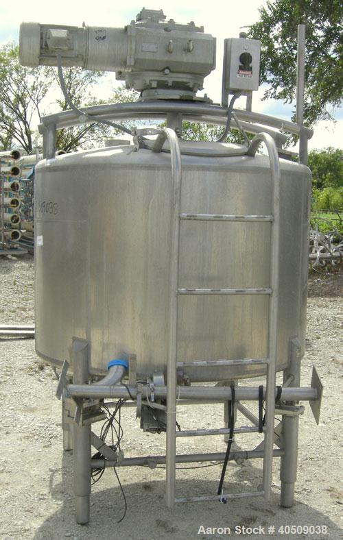 Used Dairy Craft Tank, 500 Gallon, 304 stainless steel, vertical. 60" diameter x 38" straight side. Dished top, coned bottom. Fixed stainless steel agitator bridge, bottom supported anchor style agit...