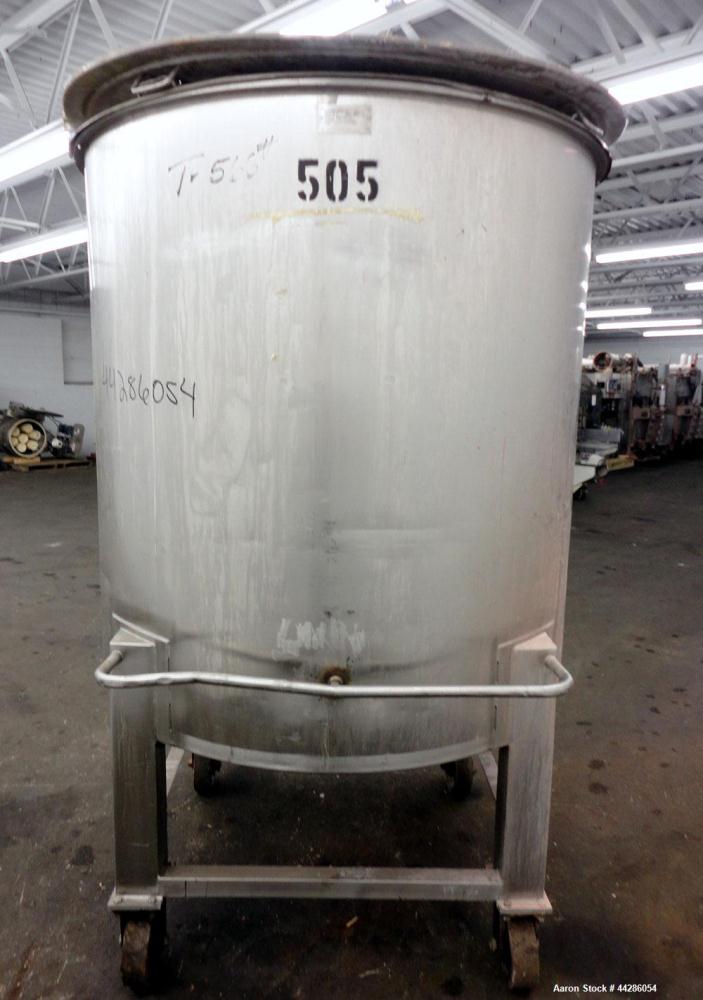 Used Groen Tank, 500 Gallon, Model SP, 304 Stainless Steel, Vertical. Approximate 54” diameter x 55” straight side. Open top with ½ hinged cover, dished bottom. 2” Center bottom outlet. Mounted on 4 ...