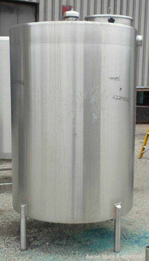 Used Hartel Tank, 500 Gallon, 304 Stainless Steel, Vertical. 48" Diameter x 66" straight side. Flat top and bottom. Openings: top 1-1/2" tri-clamp, 2" tri-clamp, (3) 3" tri-clamp, 16" manway with cov...