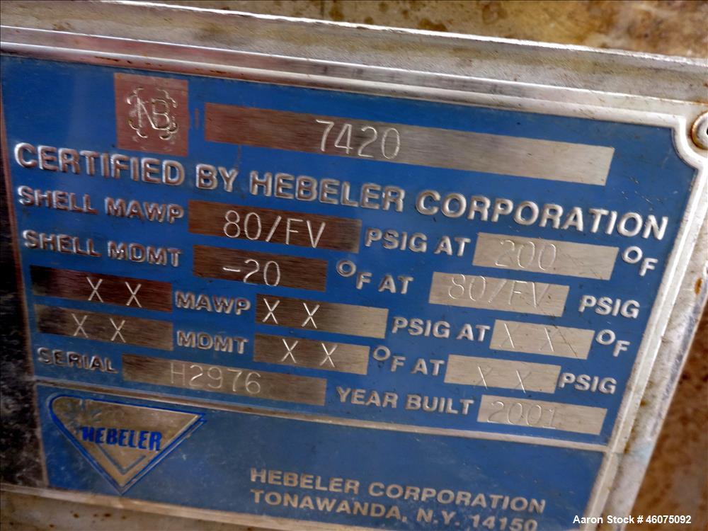 Used Hebeler Pressure Tank, 700 Gallon, 304L Stainless Steel, Vertical. 48" Diameter x 81" straight side, 2:1 elliptical top & bottom. Internal rated 80/Full Vacuum at -20 to 200 degrees F. Top enter...