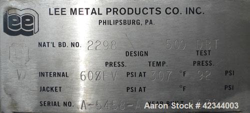 Used Lee Metal Products Pressure Tank, 500 gallon, 316 stainless steel, vertical. 48" Diameter x 60" straight side, dished top and bottom. Internal rated 60 psi and full vacuum at 307 deg F. Openings...