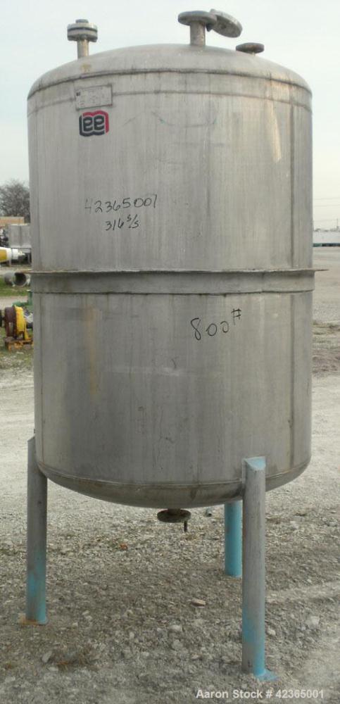 Used Lee Metal Products Pressure Tank, 500 gallon, model DBT, 316 stainless steel, vertical. Approximate 48" diameter x 60" straight side, dish top and bottom. Internal rated 25 and full vacuum at 26...