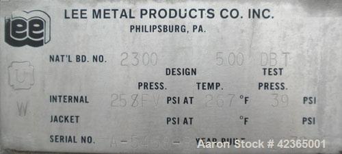 Used Lee Metal Products Pressure Tank, 500 gallon, model DBT, 316 stainless steel, vertical. Approximate 48" diameter x 60" straight side, dish top and bottom. Internal rated 25 and full vacuum at 26...