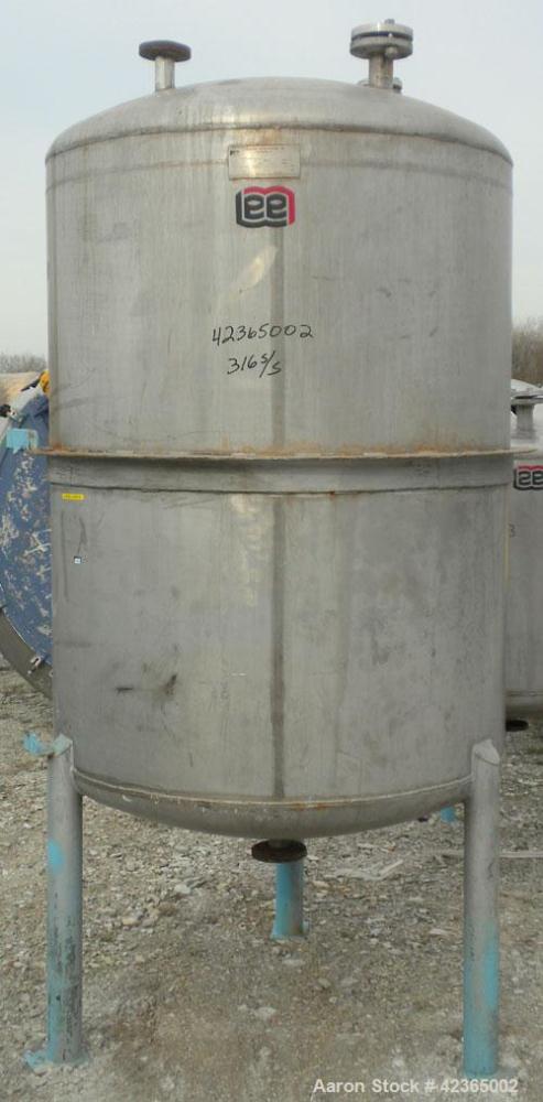 Used Lee Metal Products Pressure Tank, 500 gallon, model DBT, 316 stainless steel, vertical. Approximate 48" diameter x 60" straight side, dish top and bottom. Internal rated 25 and full vacuum at 26...