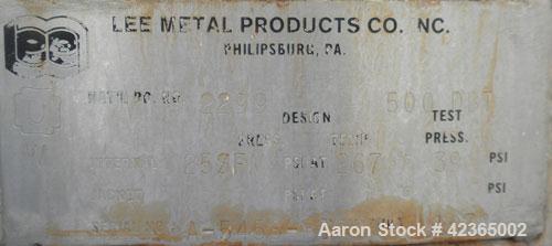 Used Lee Metal Products Pressure Tank, 500 gallon, model DBT, 316 stainless steel, vertical. Approximate 48" diameter x 60" straight side, dish top and bottom. Internal rated 25 and full vacuum at 26...