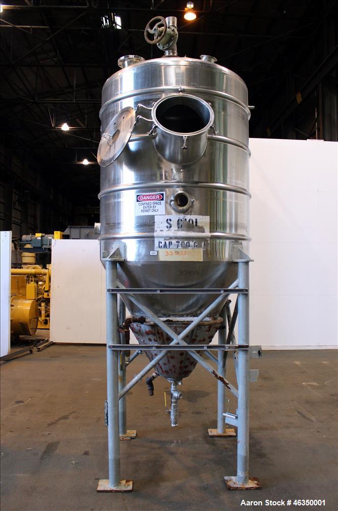 Used Mojonnier Brothers Tank, Size 443, Approximately 700 Gallons, 304 Stainless Steel, Vertical. Approximately 54" diameter x 61" straight side. Dish top, partially jacketed 42" cone bottom, no rati...