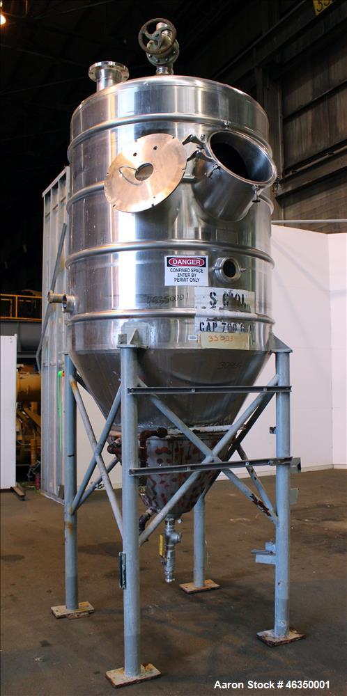 Used Mojonnier Brothers Tank, Size 443, Approximately 700 Gallons, 304 Stainless Steel, Vertical. Approximately 54" diameter x 61" straight side. Dish top, partially jacketed 42" cone bottom, no rati...