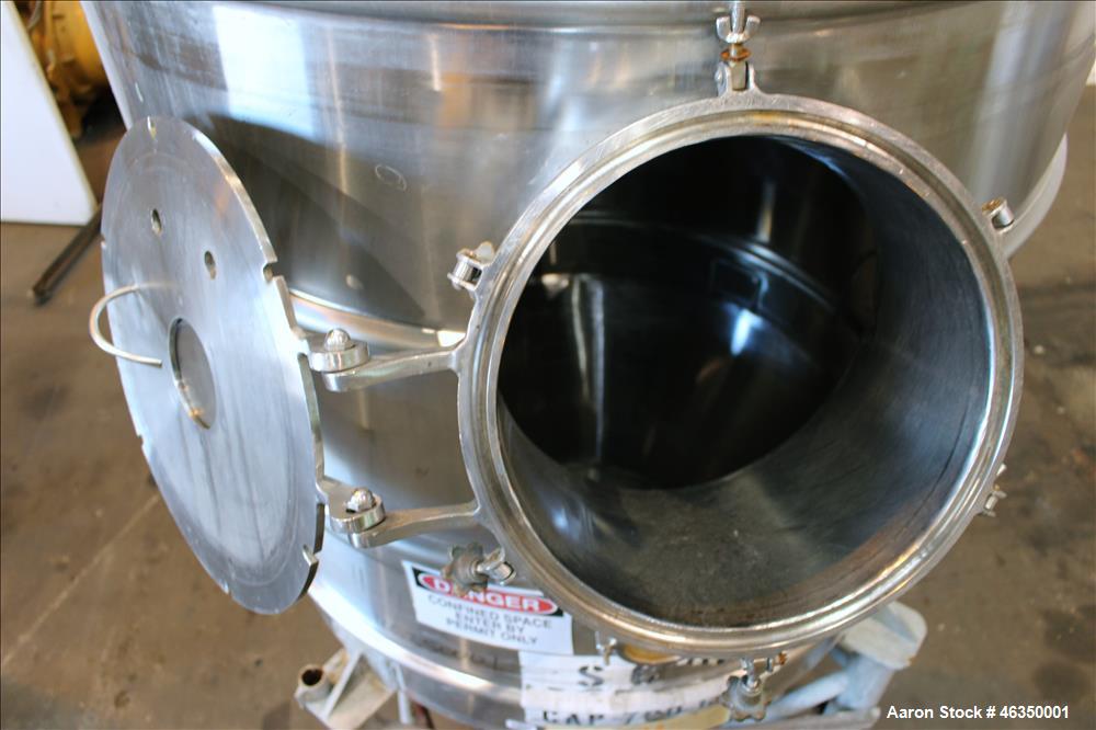 Used Mojonnier Brothers Tank, Size 443, Approximately 700 Gallons, 304 Stainless Steel, Vertical. Approximately 54" diameter x 61" straight side. Dish top, partially jacketed 42" cone bottom, no rati...