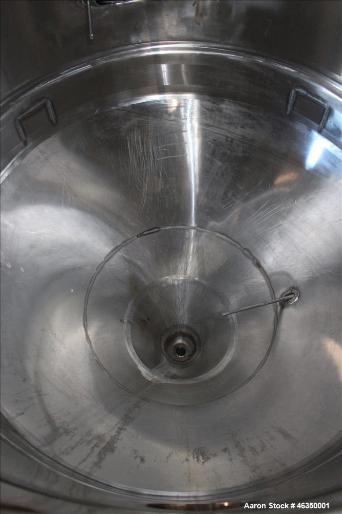 Used Mojonnier Brothers Tank, Size 443, Approximately 700 Gallons, 304 Stainless Steel, Vertical. Approximately 54" diameter x 61" straight side. Dish top, partially jacketed 42" cone bottom, no rati...