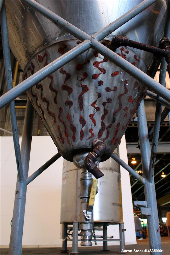 Used Mojonnier Brothers Tank, Size 443, Approximately 700 Gallons, 304 Stainless Steel, Vertical. Approximately 54" diameter x 61" straight side. Dish top, partially jacketed 42" cone bottom, no rati...