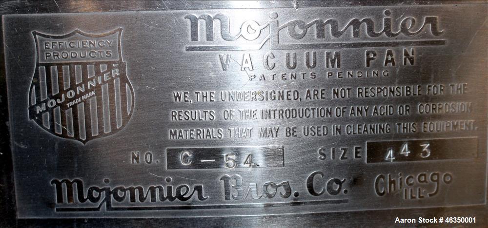 Used Mojonnier Brothers Tank, Size 443, Approximately 700 Gallons, 304 Stainless Steel, Vertical. Approximately 54" diameter x 61" straight side. Dish top, partially jacketed 42" cone bottom, no rati...