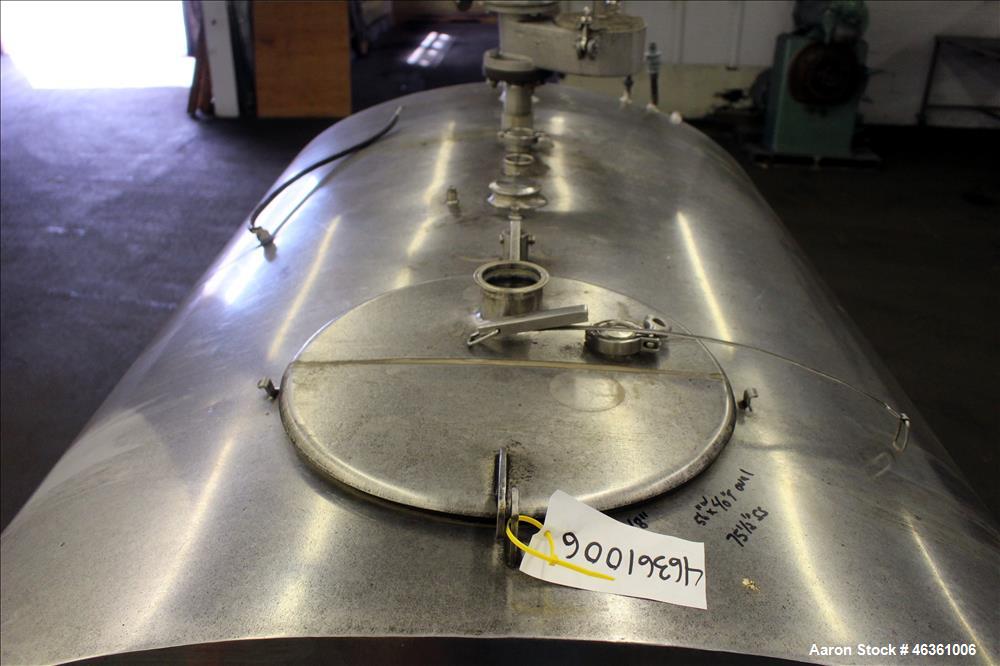 Used Mueller Cooling Tank, 500 Gallons, 304 Stainless Steel, Horizontal. Approximately 56" wide x 40" tall oval x 76" straight side. Flat side heads. Insulated with stainless steel sheathing. Opening...