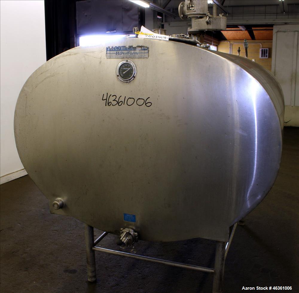 Used Mueller Cooling Tank, 500 Gallons, 304 Stainless Steel, Horizontal. Approximately 56" wide x 40" tall oval x 76" straight side. Flat side heads. Insulated with stainless steel sheathing. Opening...