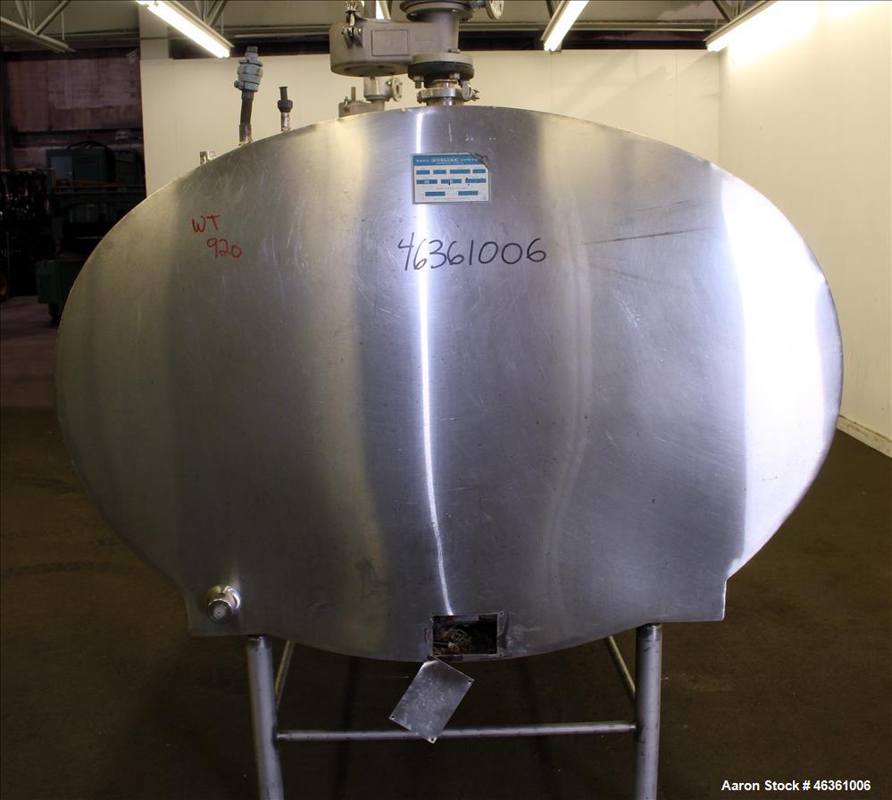Used Mueller Cooling Tank, 500 Gallons, 304 Stainless Steel, Horizontal. Approximately 56" wide x 40" tall oval x 76" straight side. Flat side heads. Insulated with stainless steel sheathing. Opening...