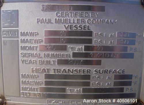 Unused- Mueller Pressure Tank, 500 Gallon, Model "F", 304L Stainless steel, Vertical. 48" diameter 72" straight side, dished top and bottom. Internal rated 30 psi at 350 deg.f., and -20 deg.f. at 30 ...