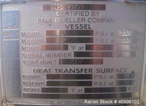 Unused- Mueller Pressure Tank, 500 Gallon, Model "F", 304 Stainless steel, Vertical. 48" diameter x 72" straight side, dished top and bottom. Internal rated 30 psi at 350 deg.f., and -20 deg.f. at 30...