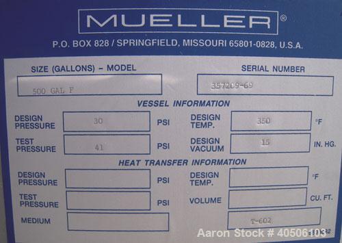 Unused- Mueller Pressure Tank, 500 Gallon, Model "F", 304 Stainless steel, Vertical. 48" diameter x 72" straight side, dished top and bottom. Internal rated 30 psi at 350 deg F and -20 deg F at 30 ps...
