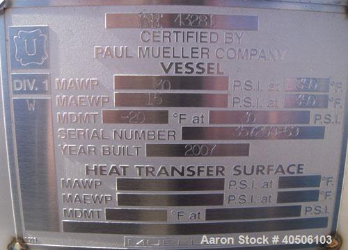 Unused- Mueller Pressure Tank, 500 Gallon, Model "F", 304 Stainless steel, Vertical. 48" diameter x 72" straight side, dished top and bottom. Internal rated 30 psi at 350 deg F and -20 deg F at 30 ps...