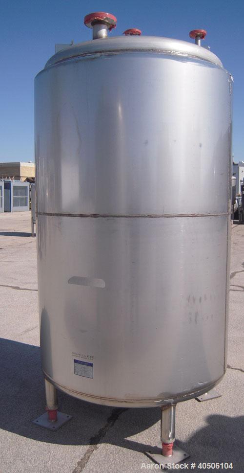 Unused- Mueller Pressure Tank, 500 Gallon, Model "F", 304 Stainless steel, Vertical. 48" diameter x 72" straight side, dished top and bottom. Internal rated 30 psi at 350 deg F and -20 deg F at 30 ps...