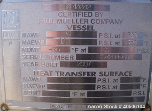 Unused- Mueller Pressure Tank, 500 Gallon, Model "F", 304 Stainless steel, Vertical. 48" diameter x 72" straight side, dished top and bottom. Internal rated 30 psi at 350 deg F and -20 deg F at 30 ps...