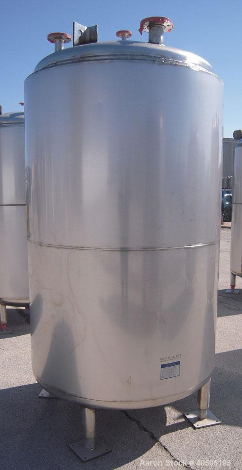 Unused- Mueller Pressure Tank, 500 Gallon, Model "F", 304 stainless steel, vertical. 48" diameter x 72" straight side, dished top and bottom. Internal rated 30 psi at 350 deg F and -20 deg F at 30 ps...