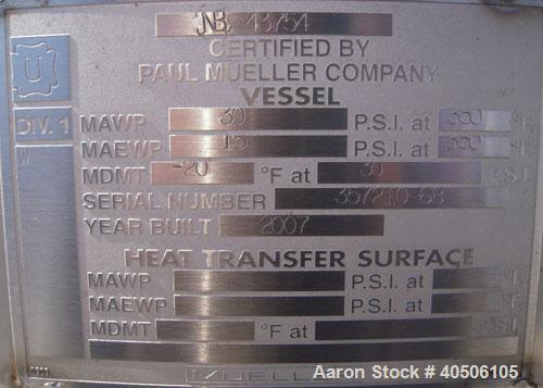 Unused- Mueller Pressure Tank, 500 Gallon, Model "F", 304 stainless steel, vertical. 48" diameter x 72" straight side, dished top and bottom. Internal rated 30 psi at 350 deg F and -20 deg F at 30 ps...