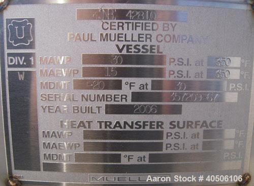 Unused- Mueller Pressure Tank, 500 Gallon, Model "F", 304 stainless steel, vertical. 48" diameter x 72" straight side, dished top and bottom. Internal rated 30 psi at 350 deg F and -20 deg F at 30 ps...