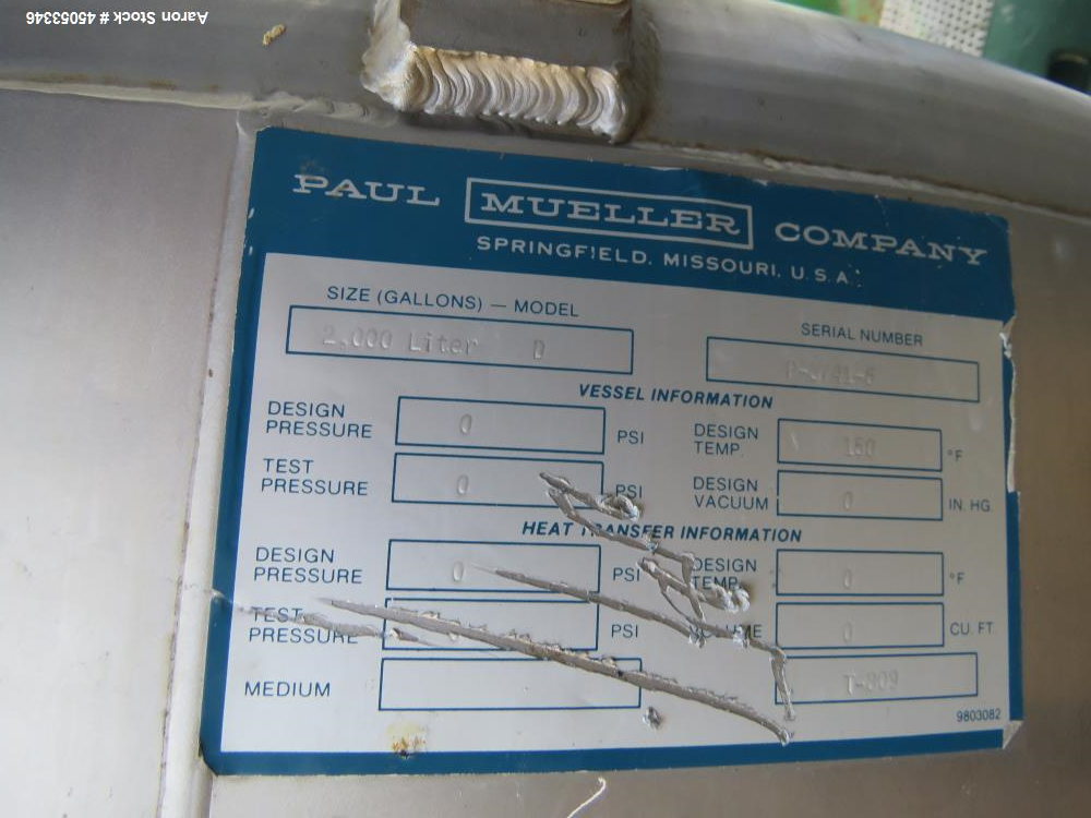 Used Mueller Model 2000 Liter F. 528 Gallons Stainless Steel Tank