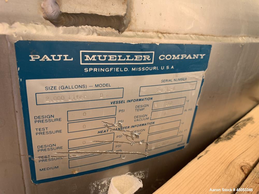 Used Mueller Model 2000 Liter F. 528 Gallons Stainless Steel Tank