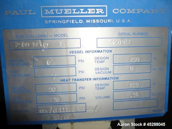 Used 2500 Liter Stainless Steel Mueller Water Jacketed Tank