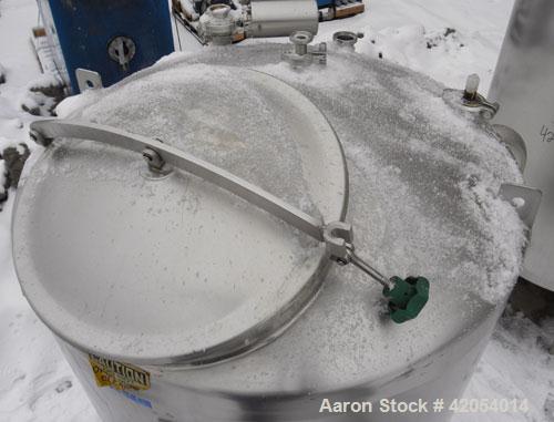 Used Lake Process Systems Tank, 500 gallon, model LPS-500, 304 stainless steel, vertical. 44" diameter x 72" straight side, dish top and bottom. (1) Spray ball. Openings: top (3) 2'', 1-1/2'', 19" ma...