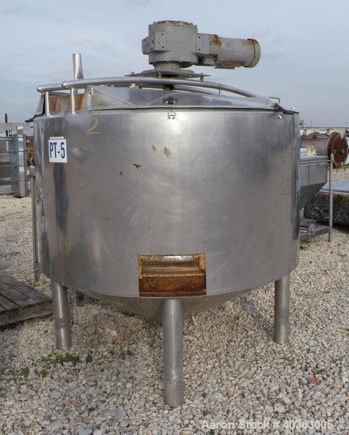 Used Tank, 550 Gallon, 316 Stainless Steel, Vertical. Approximately 66" diameter x 36" straight side x 36" coned bottom. Flat top with (2) 1/3 covers. Stainless steel agitator bridge, anchor style bl...