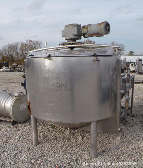 Used Tank, 550 Gallon, 316 Stainless Steel, Vertical. Approximately 66" diameter x 36" straight side x 36" coned bottom. Flat top with (2) 1/3 covers. Stainless steel agitator bridge, anchor style bl...