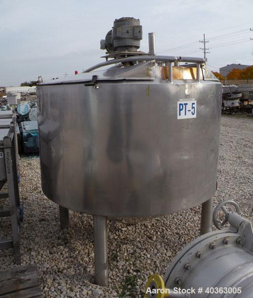 Used Tank, 550 Gallon, 316 Stainless Steel, Vertical. Approximately 66" diameter x 36" straight side x 36" coned bottom. Flat top with (2) 1/3 covers. Stainless steel agitator bridge, anchor style bl...