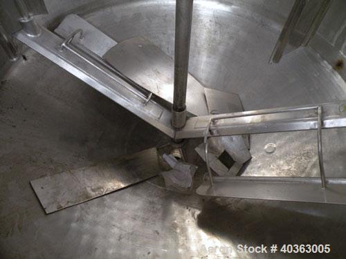 Used Tank, 550 Gallon, 316 Stainless Steel, Vertical. Approximately 66" diameter x 36" straight side x 36" coned bottom. Flat top with (2) 1/3 covers. Stainless steel agitator bridge, anchor style bl...