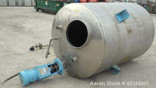 Used Tank, 750 Gallon, 304 Stainless Steel, Vertical. 56" Diameter x 70" straight side, dished 316 stainless steel top, coned bottom. Off center top entering Lightnin agitator, model N33G-150, 1-1/2"...