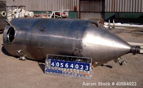 Used Tank, 850 Gallon, 304 Stainless Steel, Vertical. 49" diameter x 102" straight side. Dish top, cone bottom. Openings: top 2" tri-clamp, 2 3/8" tri-clamp; side (2) 3", 4", 4" sight glass; 5 3/4" c...
