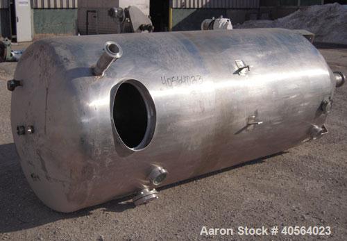 Used Tank, 850 Gallon, 304 Stainless Steel, Vertical. 49" diameter x 102" straight side. Dish top, cone bottom. Openings: top 2" tri-clamp, 2 3/8" tri-clamp; side (2) 3", 4", 4" sight glass; 5 3/4" c...